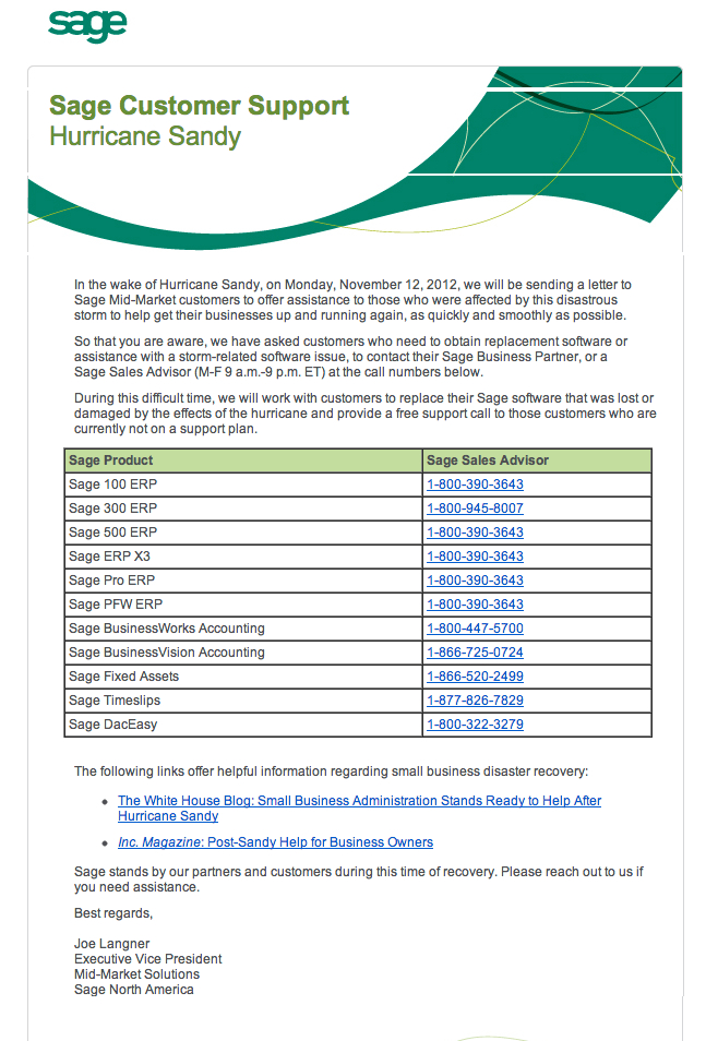 sage releases hurricane sandy support relief information sage 100 sage business works support